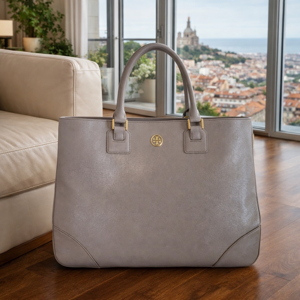 NEW Tory Burch Robinson Mercury Gray Glossy Saffiano Leather Large NS Tote Bag